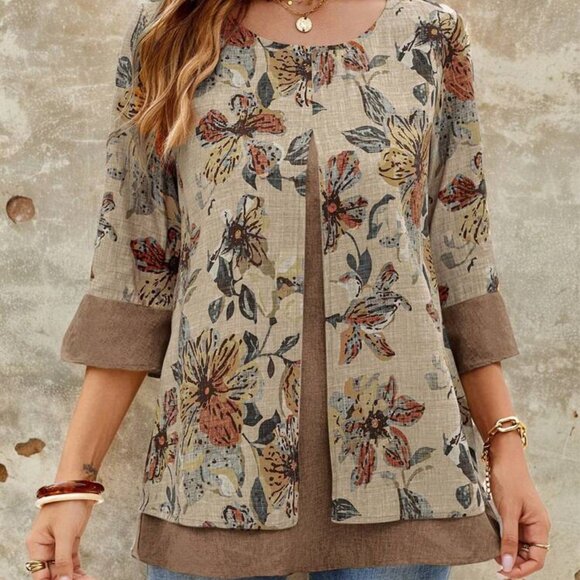 "NWT" Emery Rose Floral Print Tunic In Biege/Tan- Women's Size XL - Picture 1 of 10